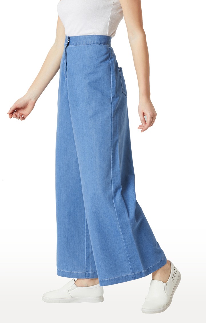 Women's Blue Solid Wide Leg Jeans