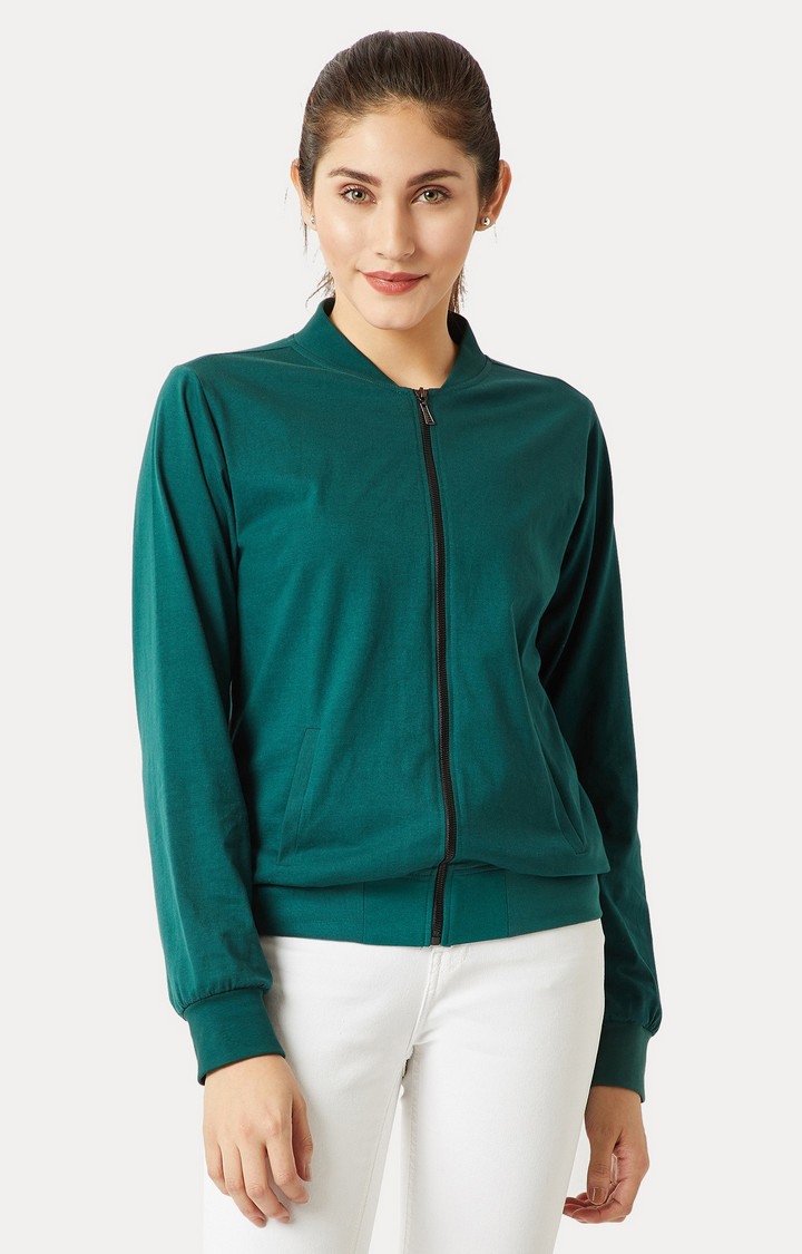 Women's Green Cotton SolidCasualwear Varsity Jackets