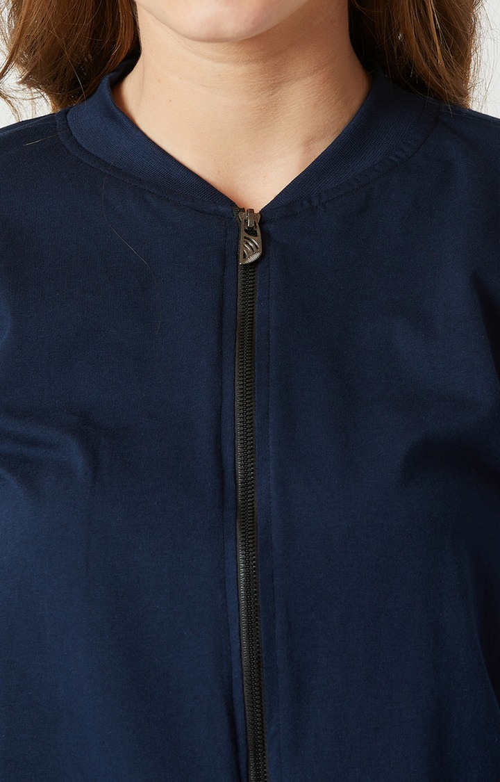 Women's Blue Cotton SolidCasualwear Varsity Jackets