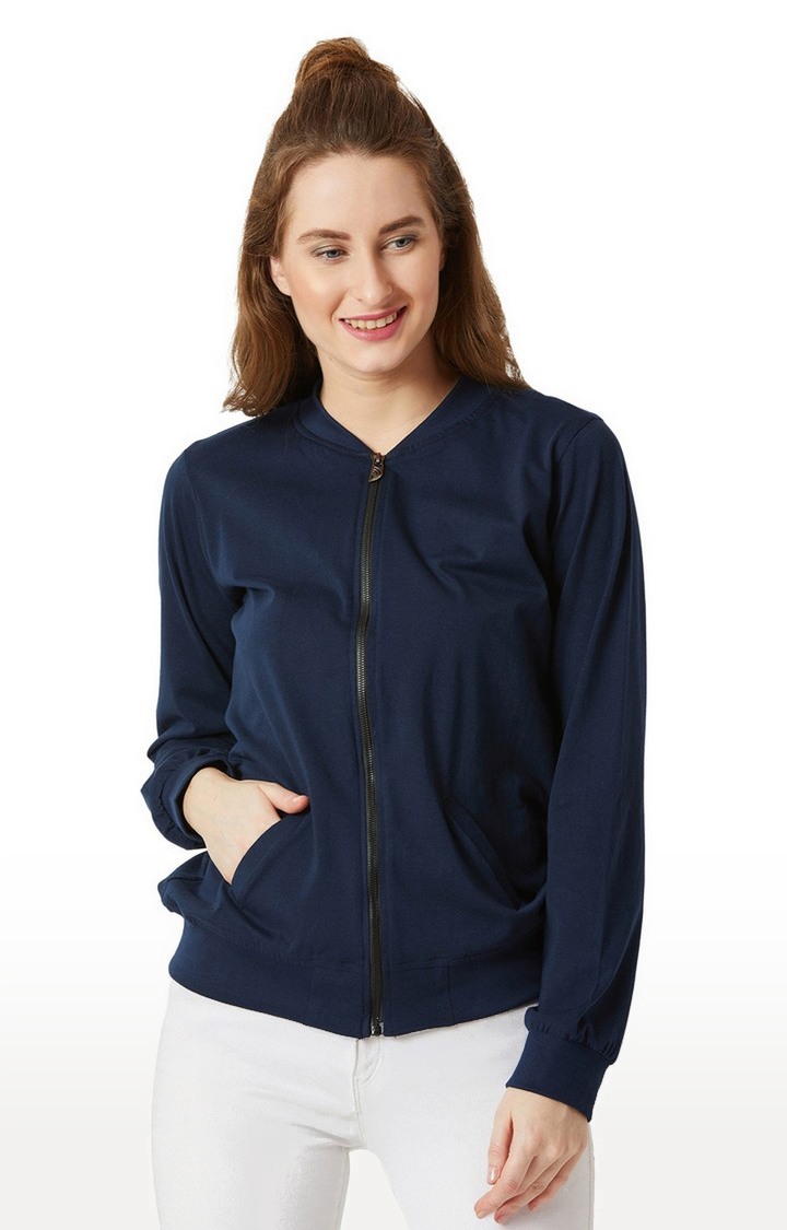 Women's Blue Cotton SolidCasualwear Varsity Jackets