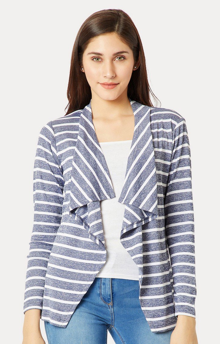 MISS CHASE | Women's Blue Polyester StripedCasualwear Shrugs