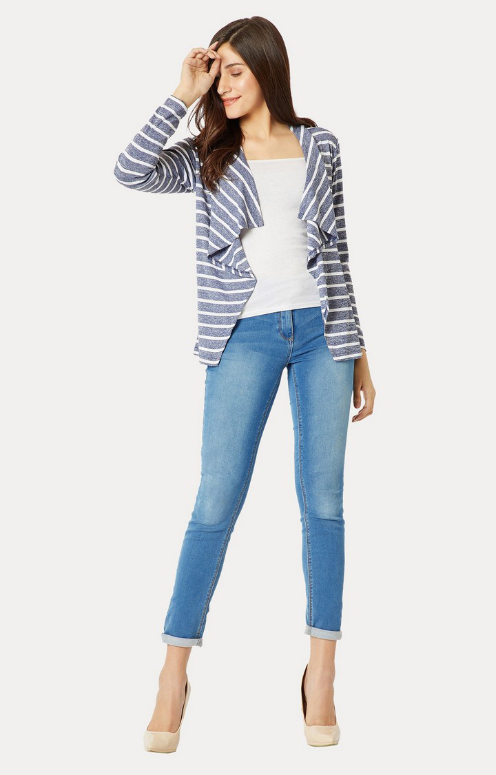 Women's Blue Polyester StripedCasualwear Shrugs
