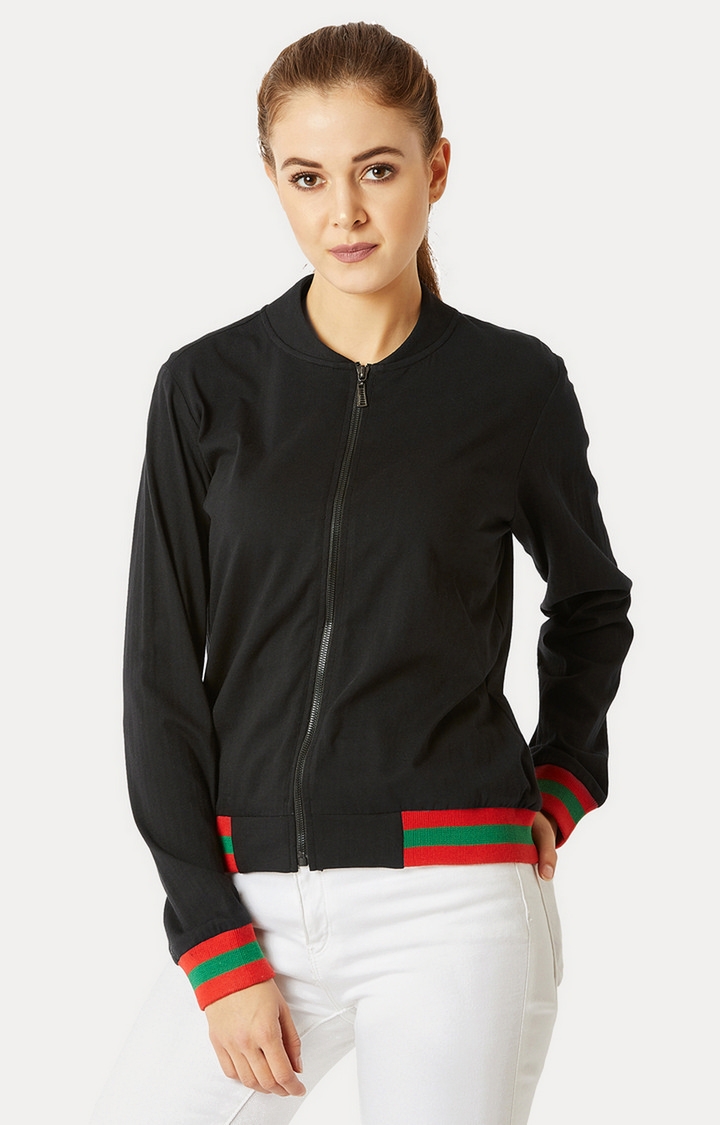MISS CHASE | Women's Black Cotton SolidCasualwear Varsity Jackets