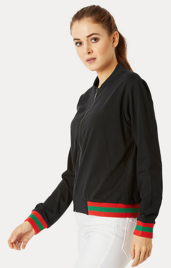 Women's Black Cotton SolidCasualwear Varsity Jackets