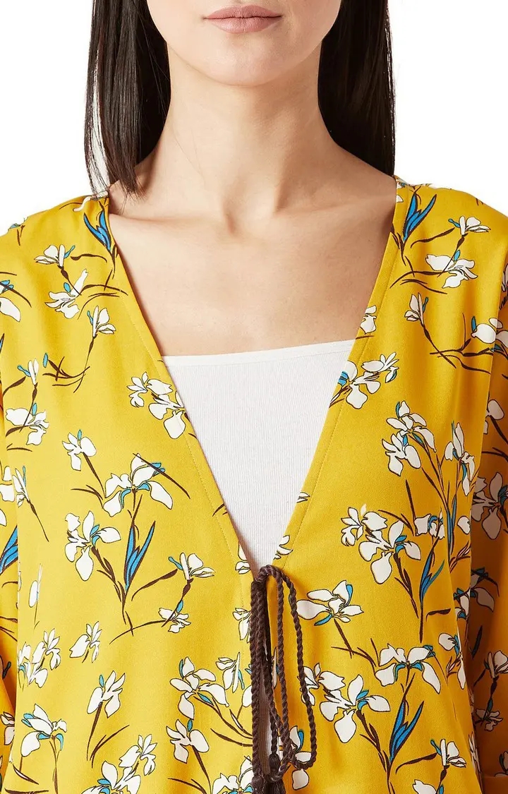 Women's Yellow Crepe FloralCasualwear Front Open Jackets