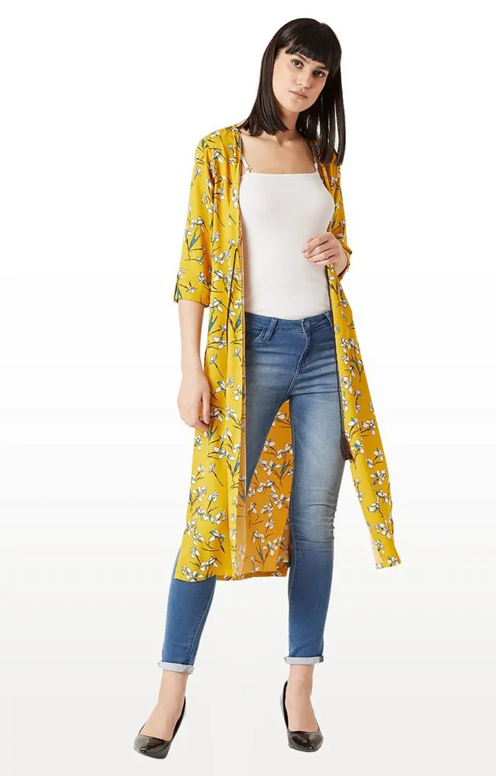 Women's Yellow Crepe FloralCasualwear Front Open Jackets