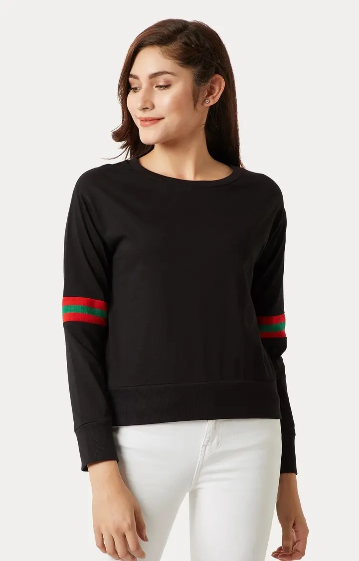 MISS CHASE | Women's Black Cotton SolidCasualwear Sweatshirts
