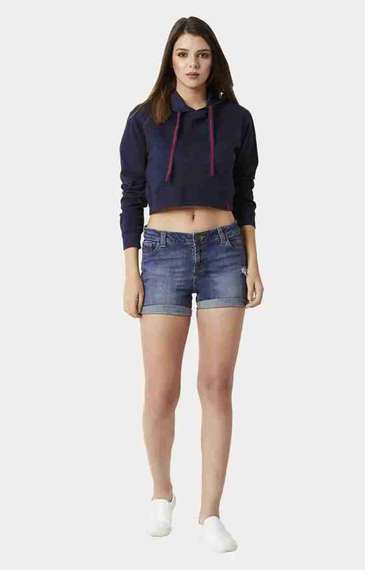 Women's Blue Cotton SolidStreetwear Hoodies