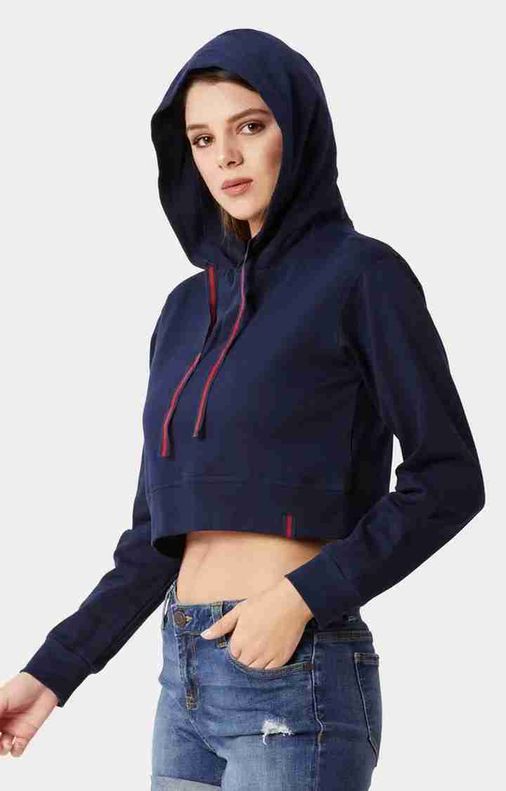 Women's Blue Cotton SolidStreetwear Hoodies