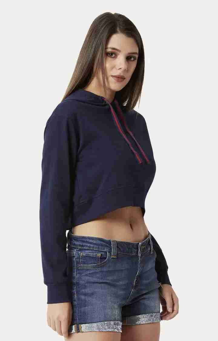 Women's Blue Cotton SolidStreetwear Hoodies