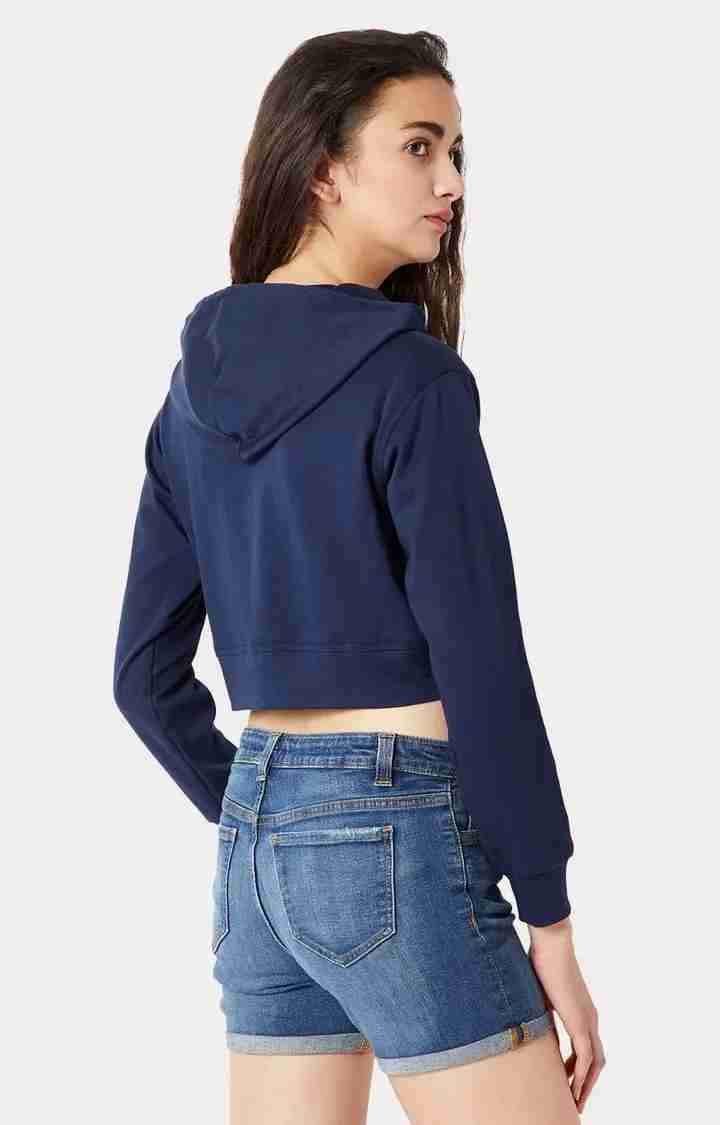 Women's Blue Cotton SolidStreetwear Hoodies