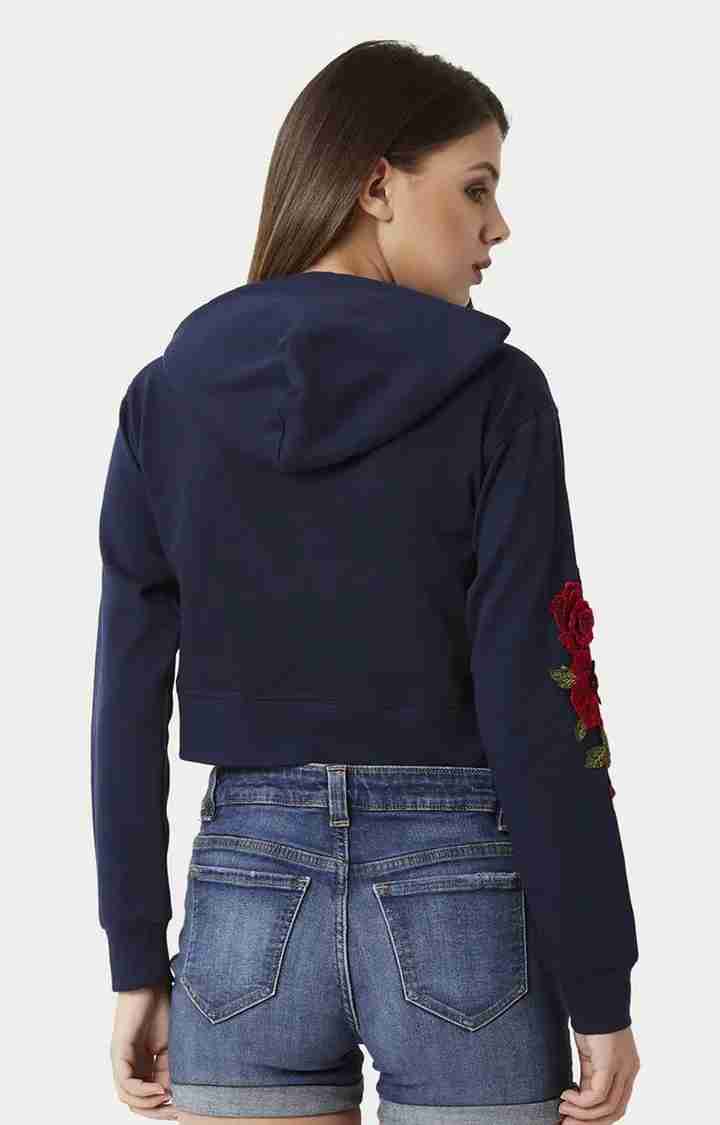 Women's Blue Cotton SolidStreetwear Hoodies