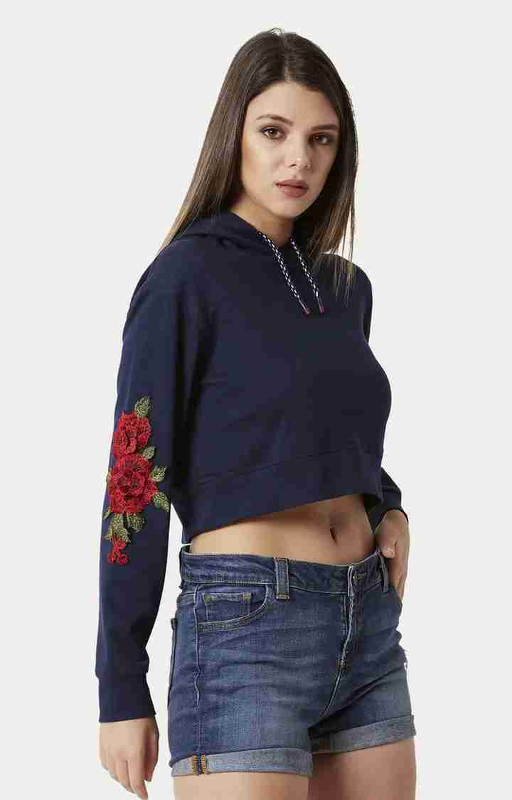 Women's Blue Cotton SolidStreetwear Hoodies