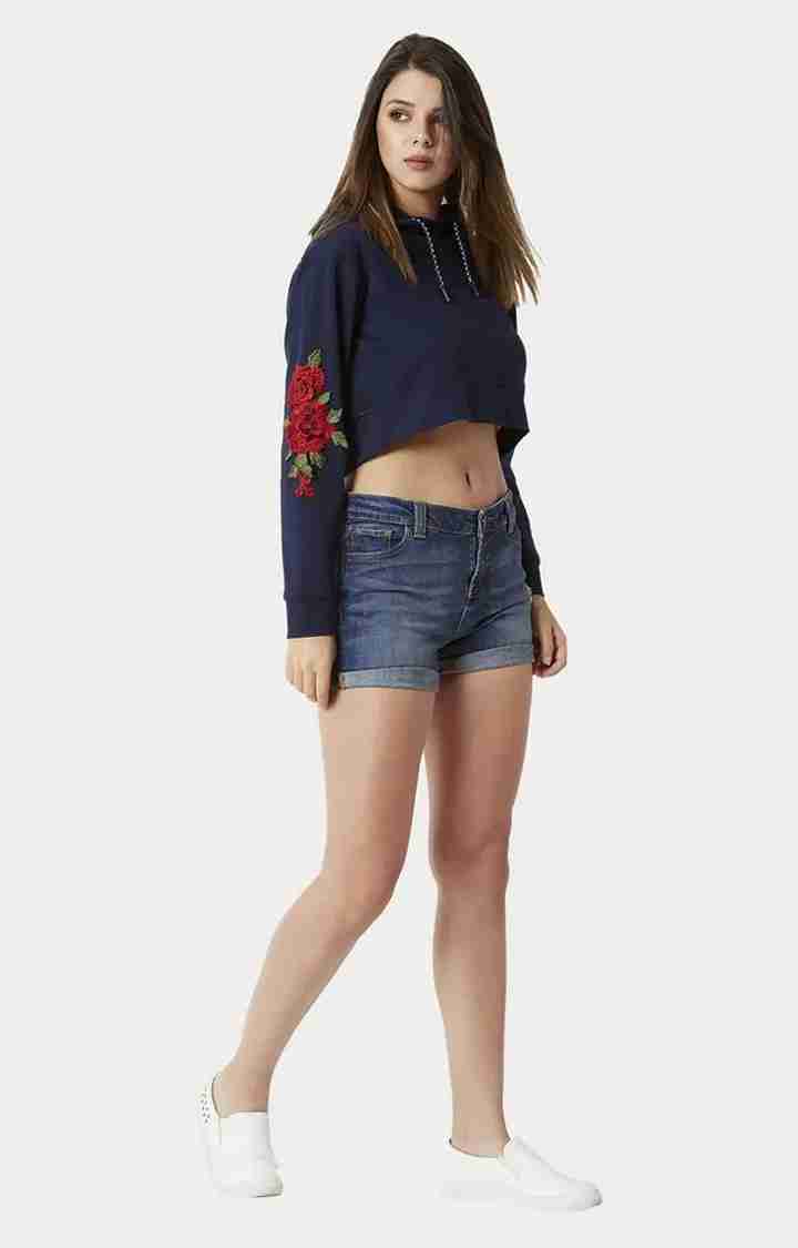 Women's Blue Cotton SolidStreetwear Hoodies
