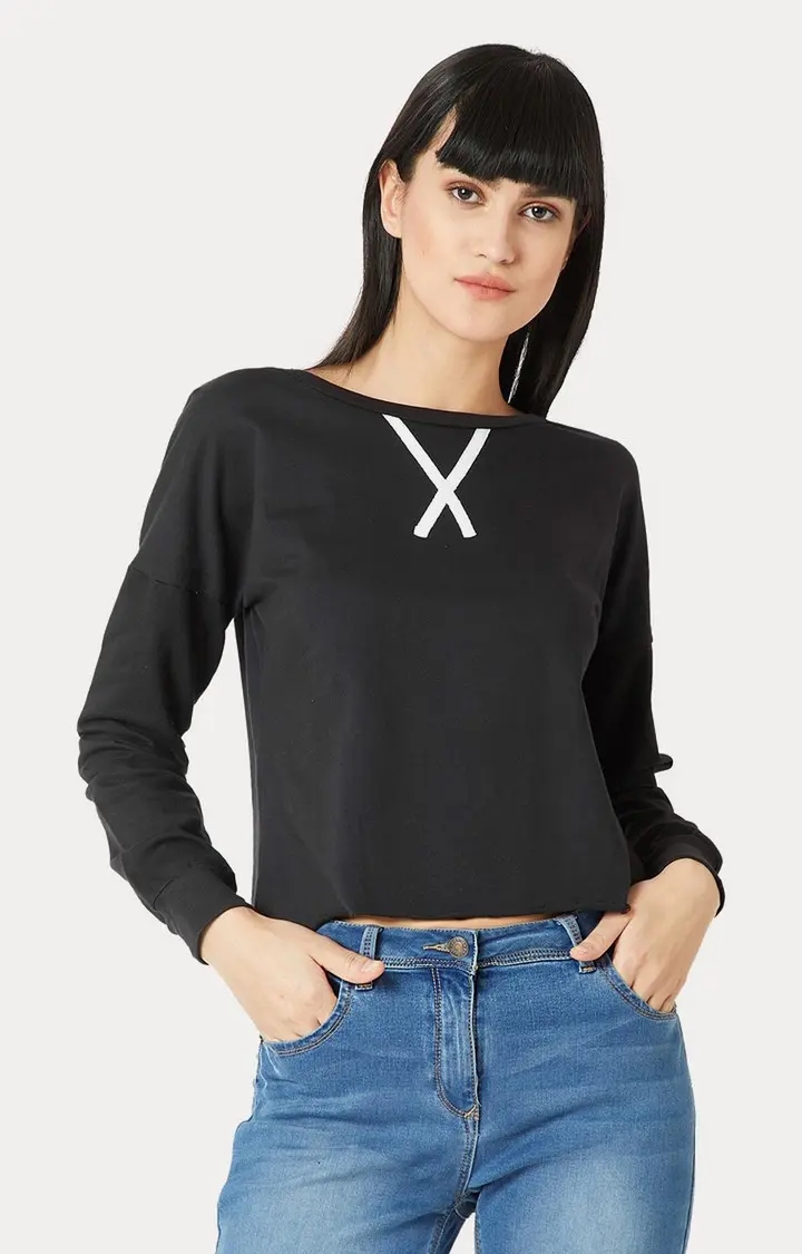 MISS CHASE | Women's Black Cotton SolidCasualwear Sweatshirts