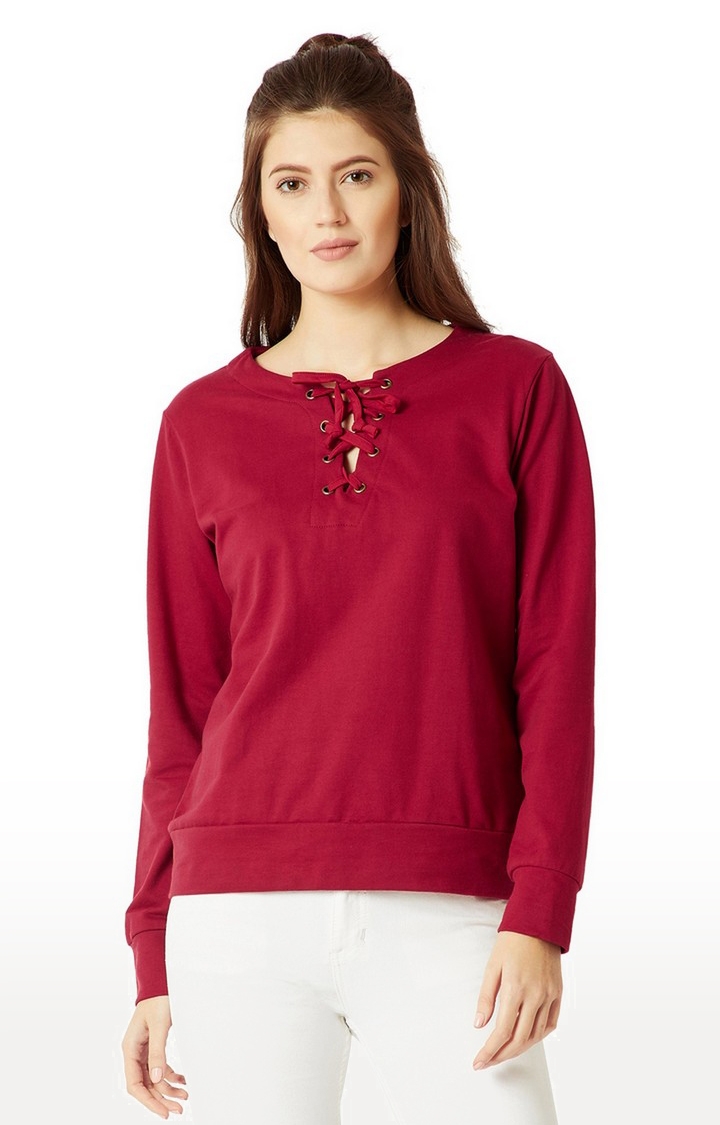 MISS CHASE | Women's Red Cotton SolidCasualwear Sweatshirts