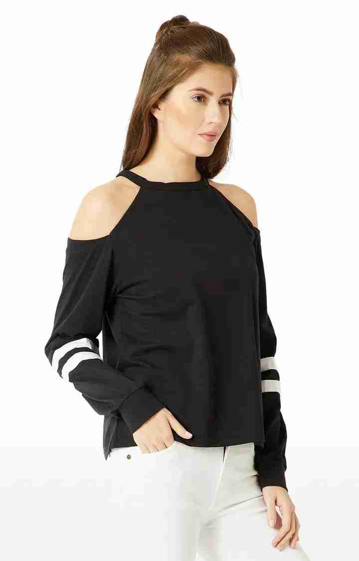 Women's Black Cotton SolidStreetwear Sweatshirts