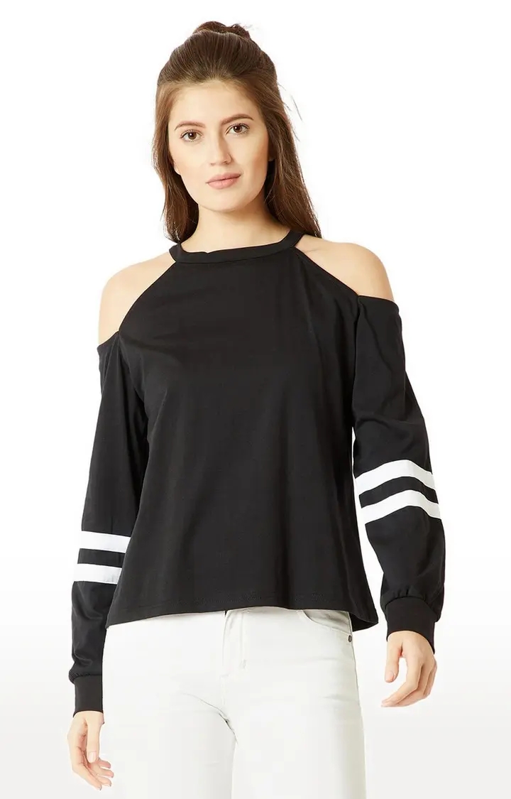 MISS CHASE | Women's Black Cotton SolidStreetwear Sweatshirts