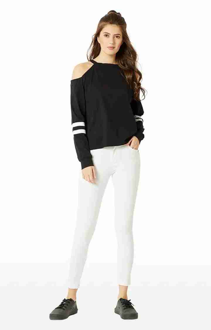 Women's Black Cotton SolidStreetwear Sweatshirts