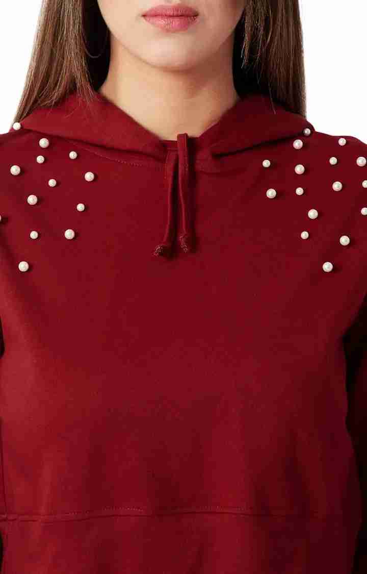 Women's Red Cotton SolidStreetwear Hoodies