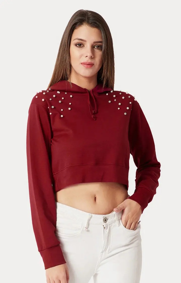 MISS CHASE | Women's Red Cotton SolidStreetwear Hoodies