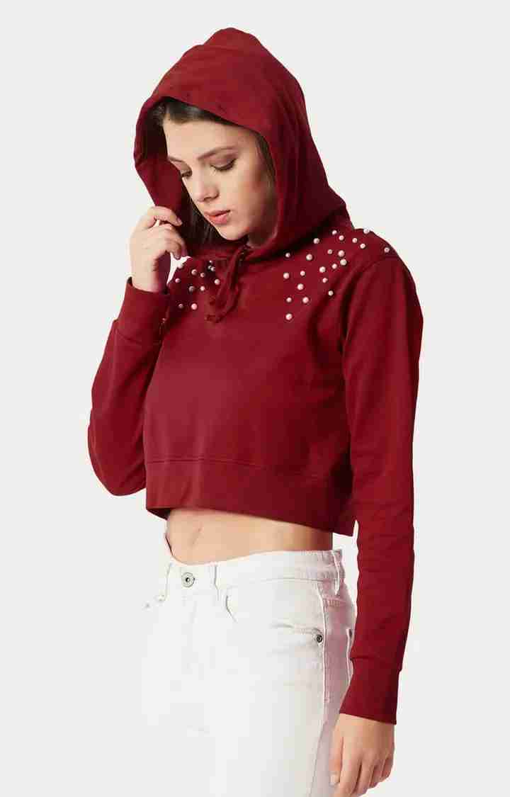 Women's Red Cotton SolidStreetwear Hoodies