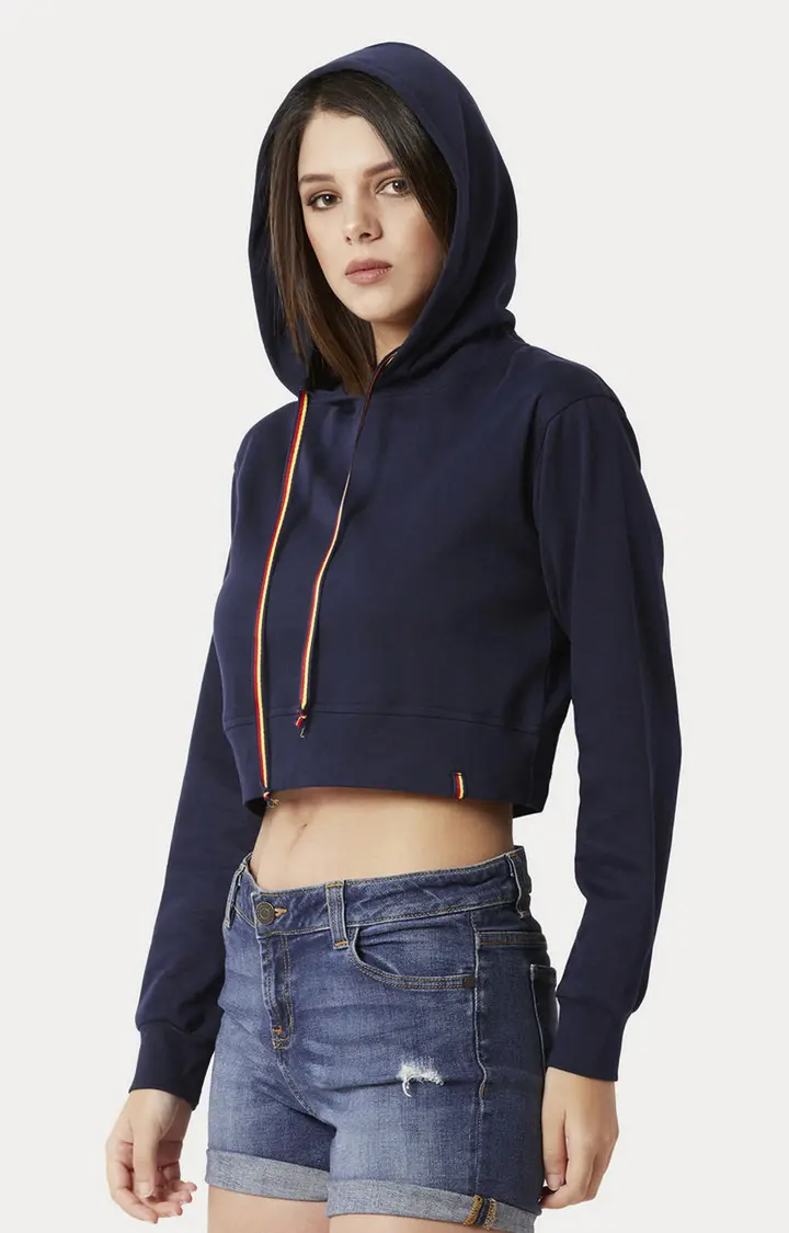 Women's Blue Cotton SolidStreetwear Hoodies