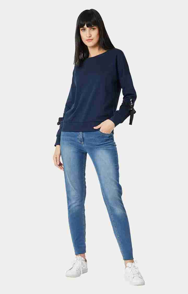 Women's Blue Cotton SolidCasualwear Sweatshirts