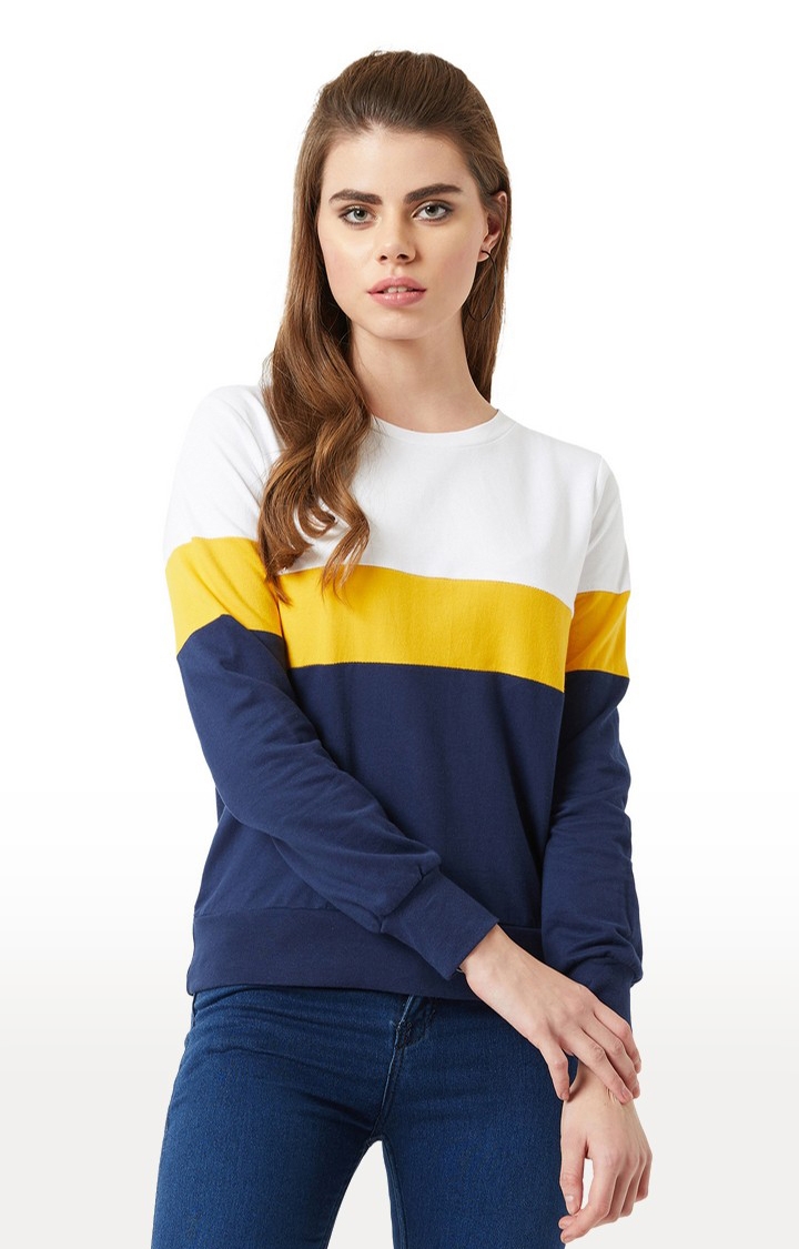 MISS CHASE | Women's Blue Cotton StripedCasualwear Sweatshirts