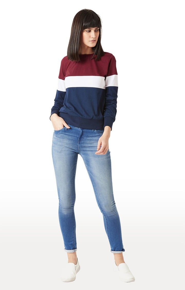 Women's Blue Cotton StripedCasualwear Sweatshirts