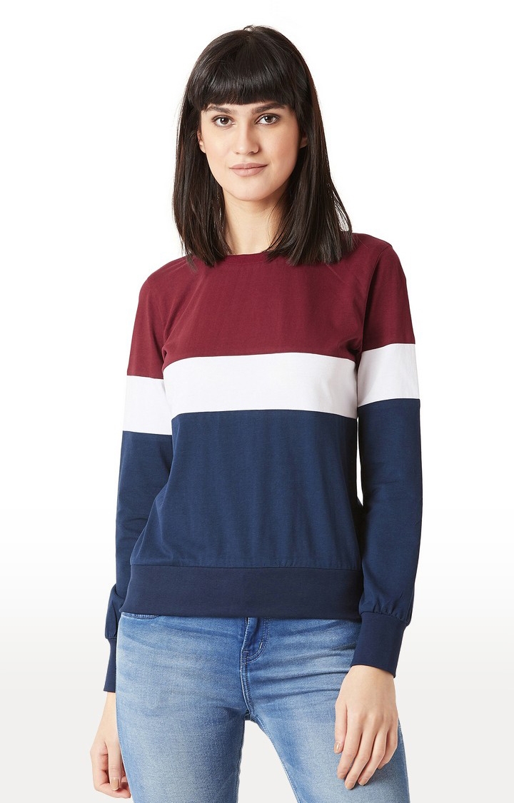 MISS CHASE | Women's Blue Cotton StripedCasualwear Sweatshirts