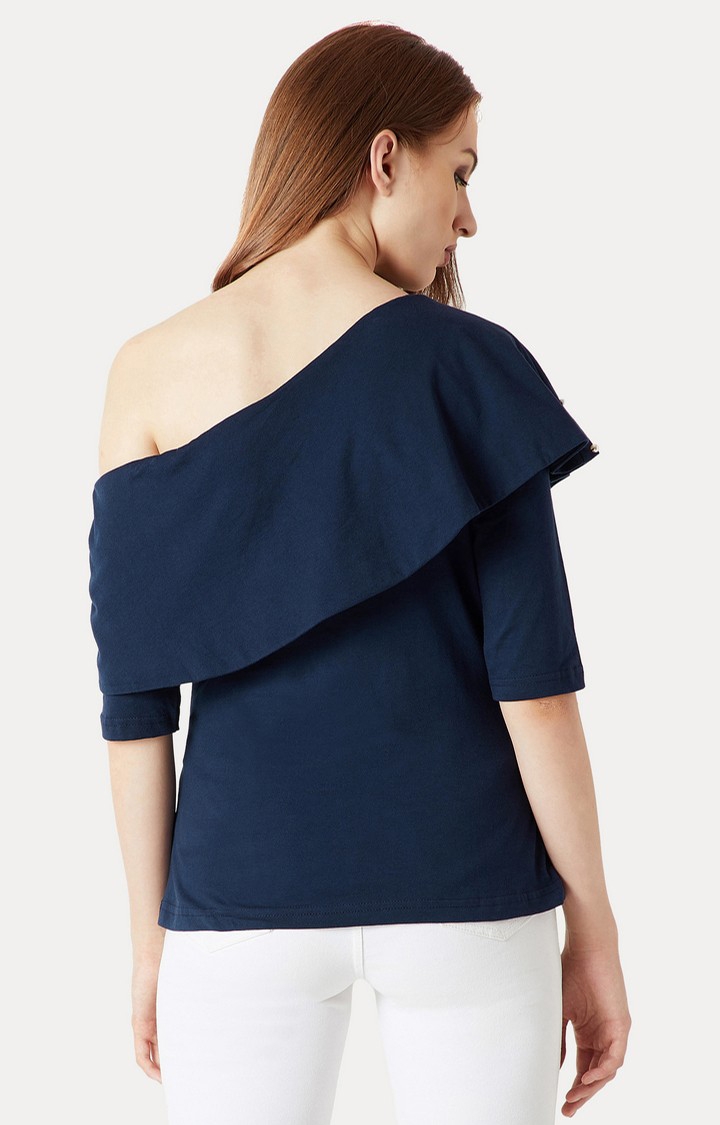 Women's Blue Chiffon SolidCasualwear Off Shoulder Top