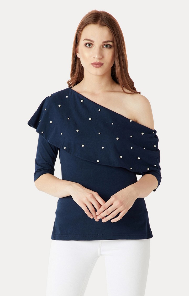 MISS CHASE | Women's Blue Chiffon SolidCasualwear Off Shoulder Top