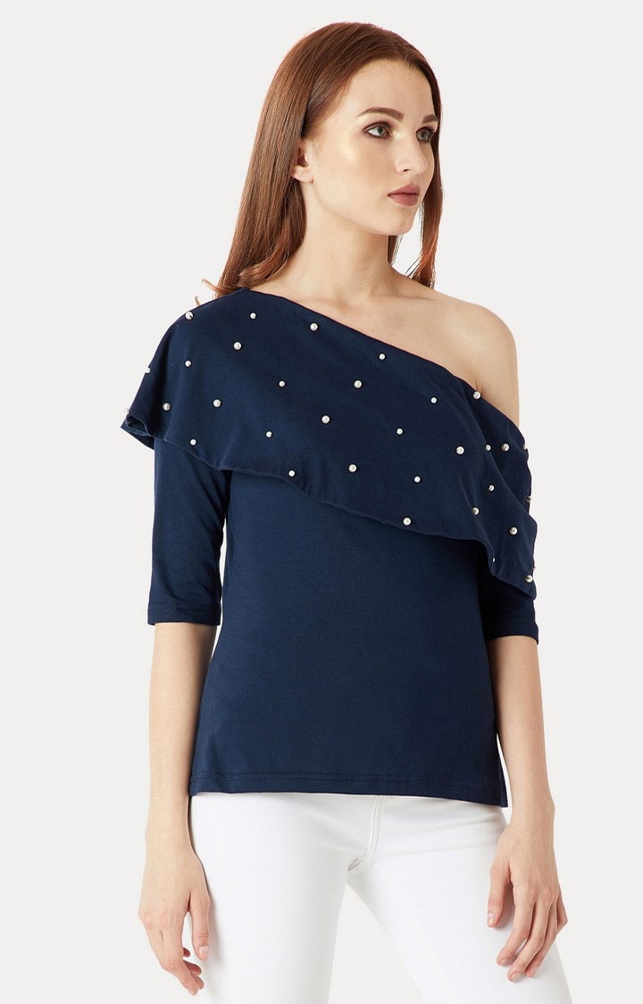 Women's Blue Chiffon SolidCasualwear Off Shoulder Top