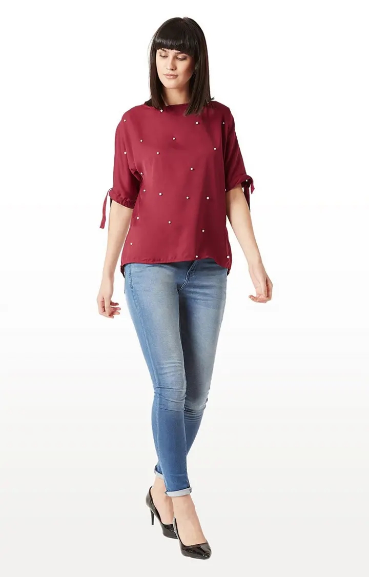 Women's Red Polyester SolidCasualwear Tops