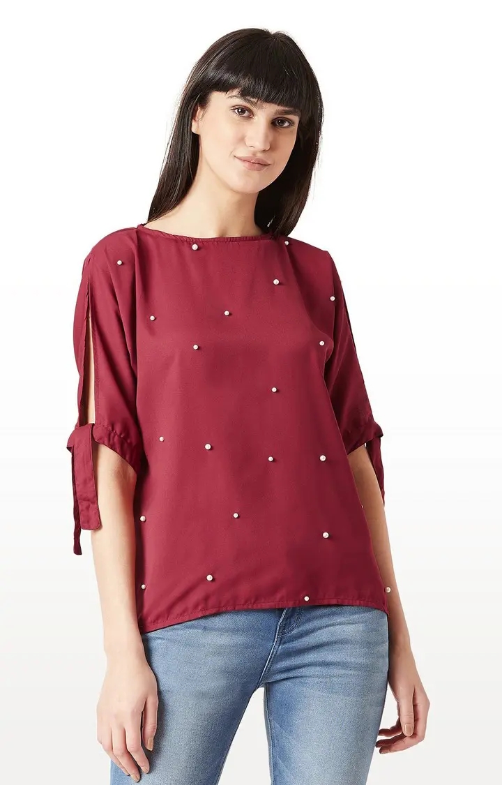 MISS CHASE | Women's Red Polyester SolidCasualwear Tops