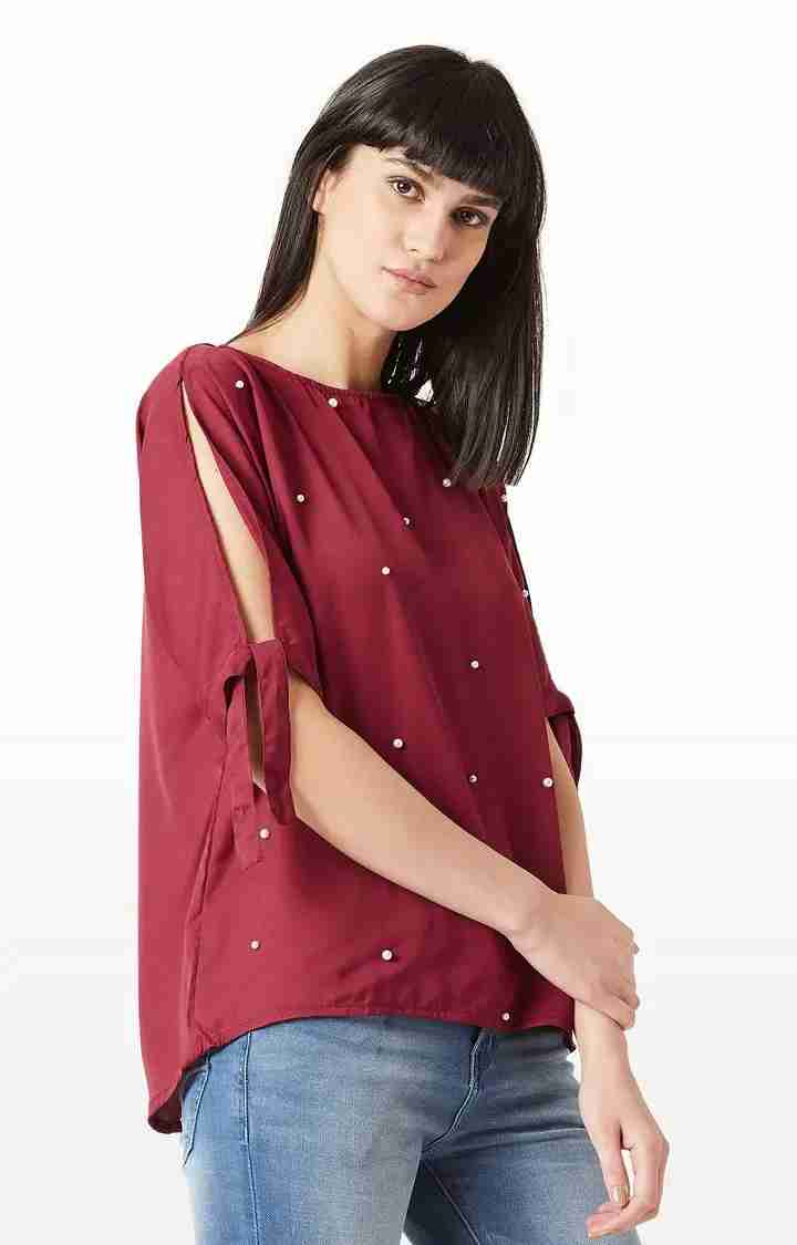 Women's Red Polyester SolidCasualwear Tops