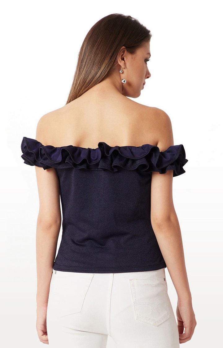 Women's Blue Polyester SolidCasualwear Off Shoulder Top