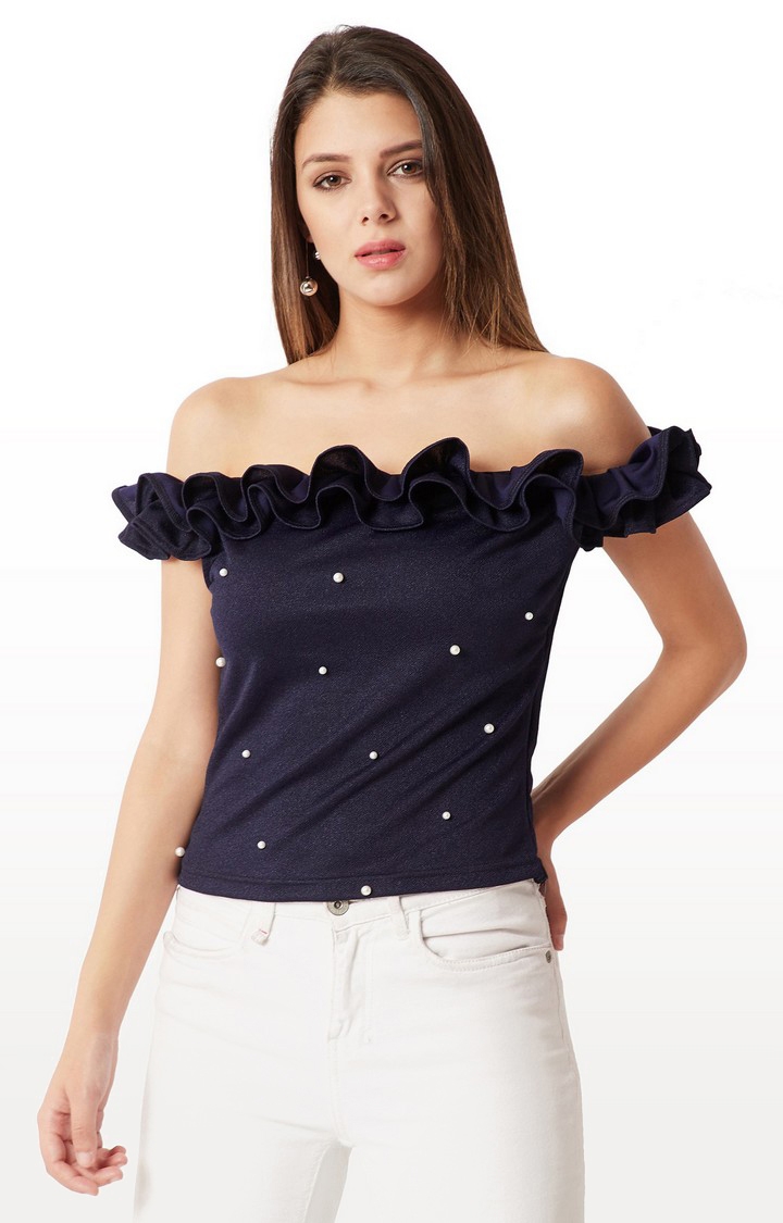 MISS CHASE | Women's Blue Polyester SolidCasualwear Off Shoulder Top