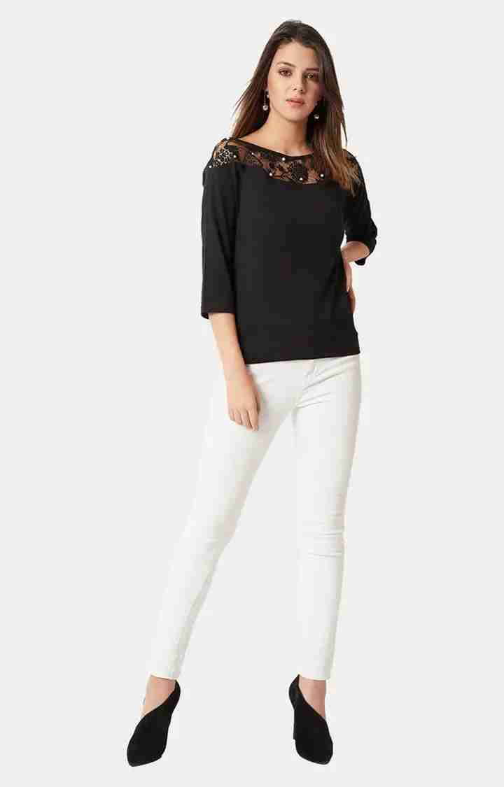 Women's Black Cotton SolidCasualwear Tops