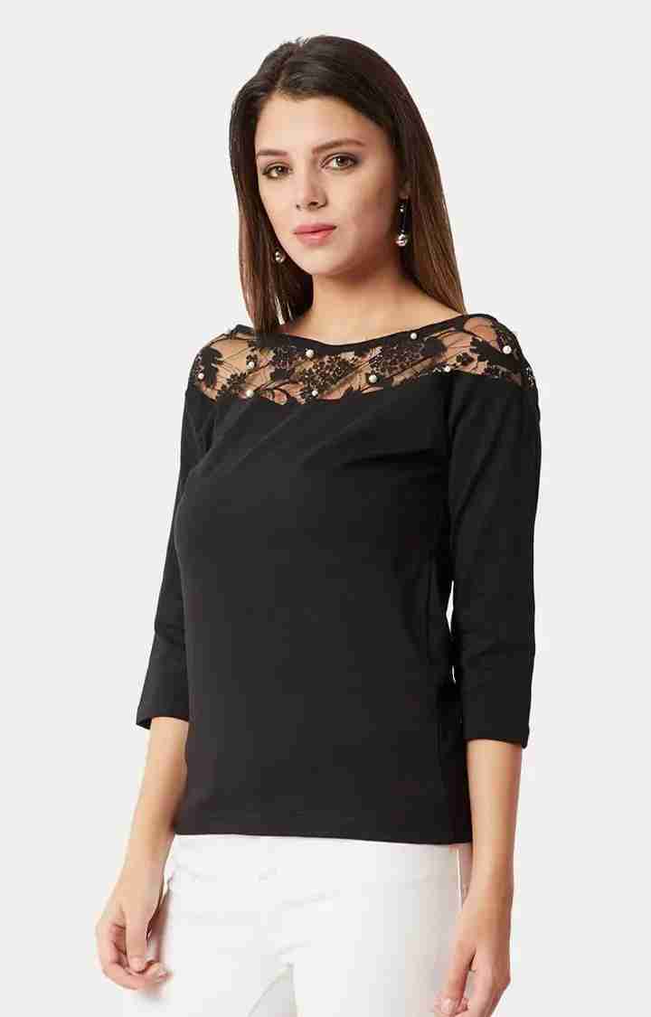 Women's Black Cotton SolidCasualwear Tops