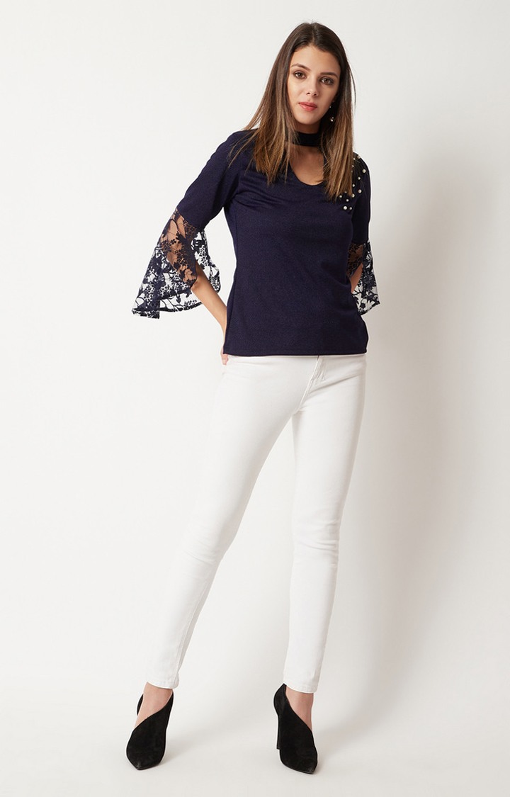 Women's Blue Crepe SolidCasualwear Tops