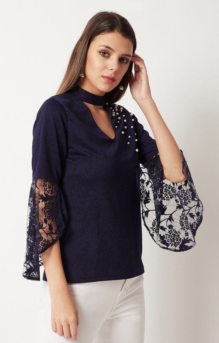 Women's Blue Crepe SolidCasualwear Tops