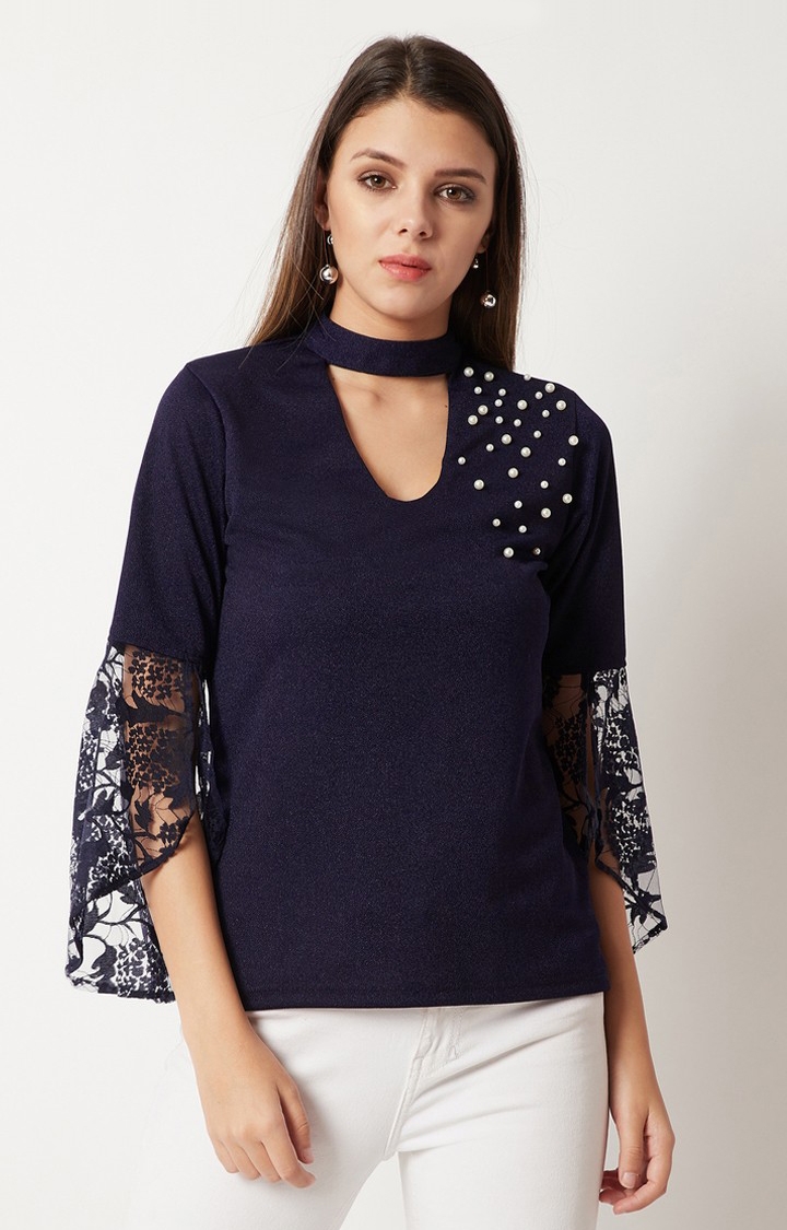 MISS CHASE | Women's Blue Crepe SolidCasualwear Tops