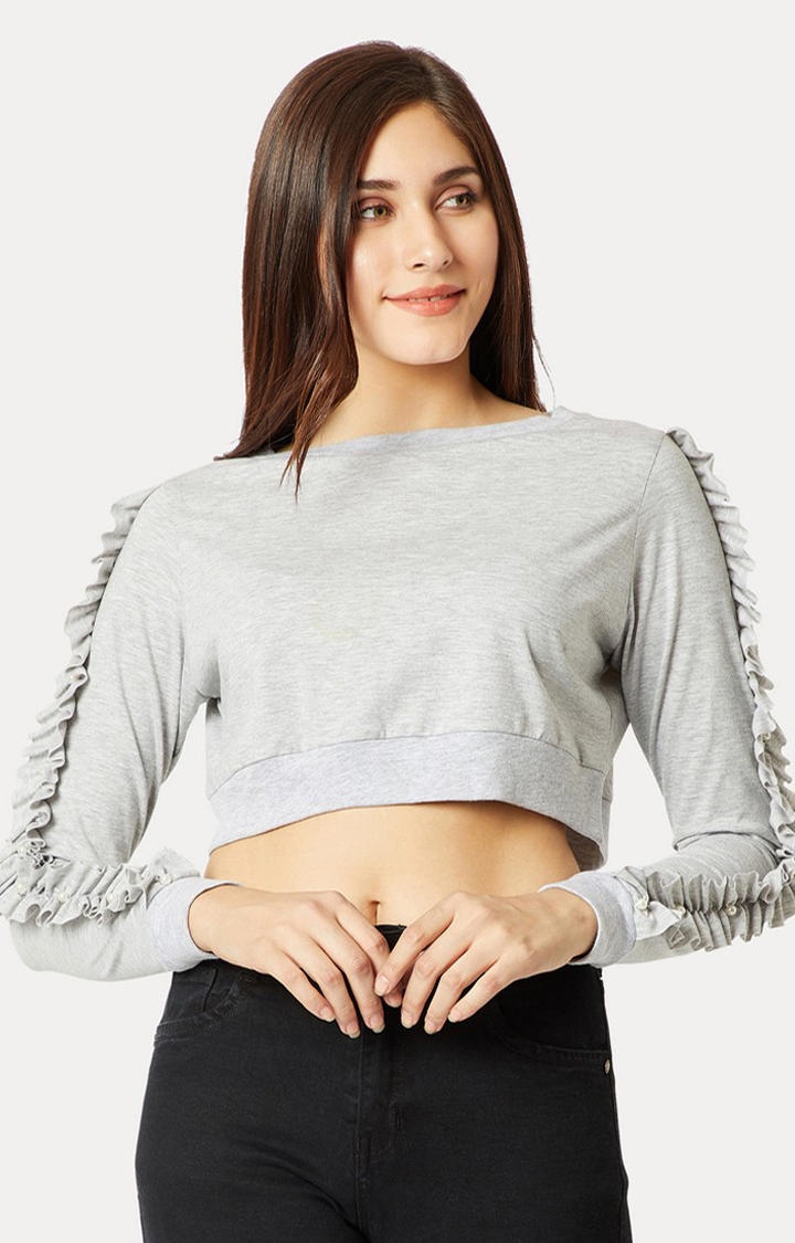 MISS CHASE | Women's Grey Cotton MelangeCasualwear Crop T-Shirts