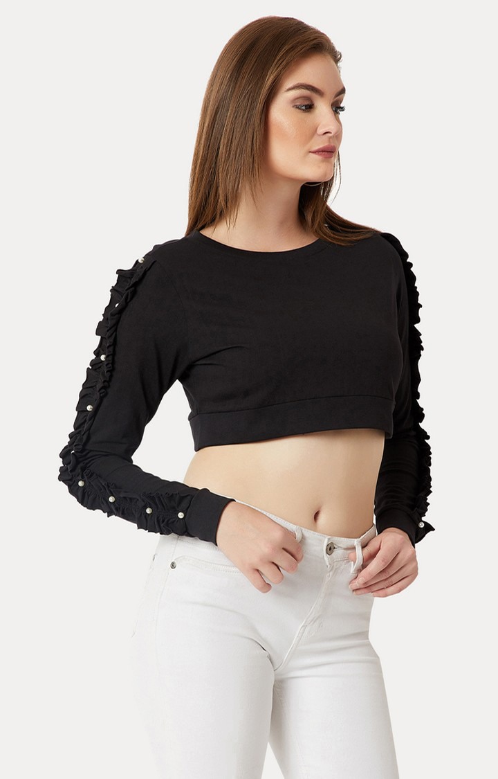 Women's Black Cotton SolidCasualwear Crop T-Shirts