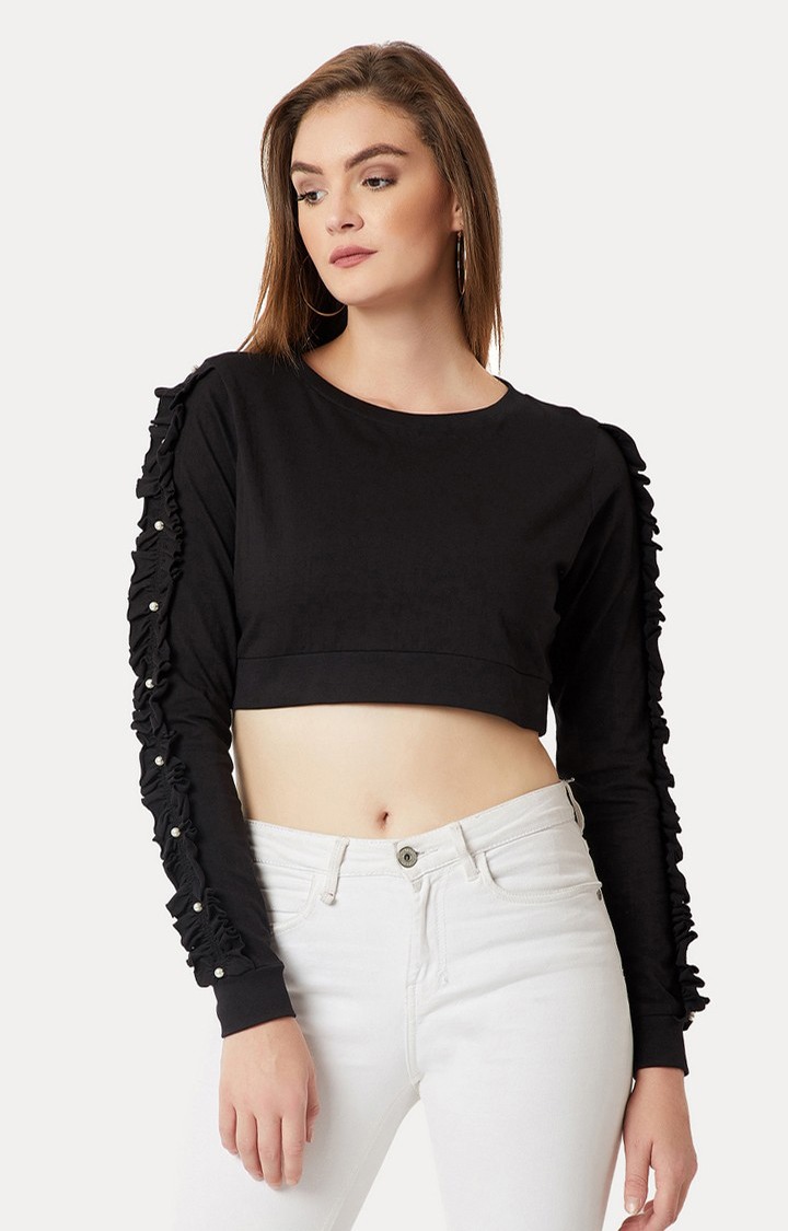 MISS CHASE | Women's Black Cotton SolidCasualwear Crop T-Shirts