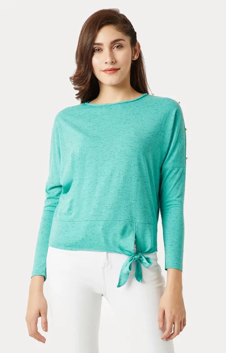 MISS CHASE | Women's Green Cotton MelangeCasualwear Tops