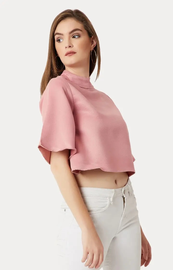 Women's Pink Polyester SolidCasualwear Crop Top