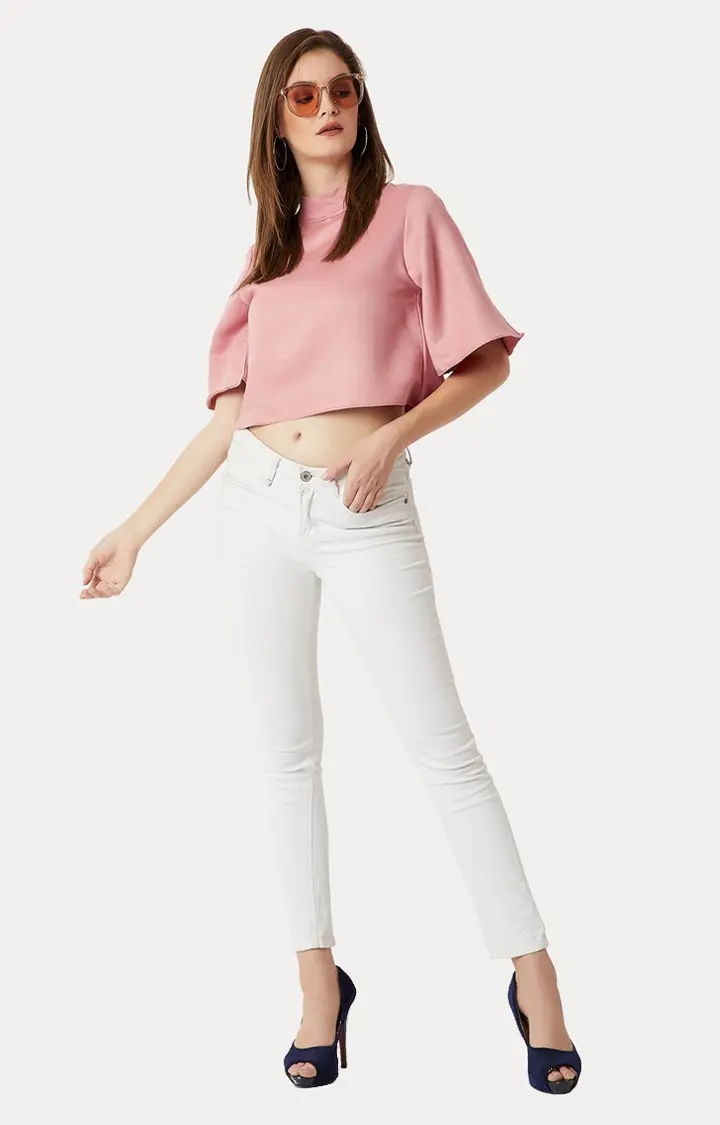 Women's Pink Polyester SolidCasualwear Crop Top